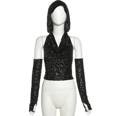 Glitter cowl neck hoodie gloves backless halter crop top