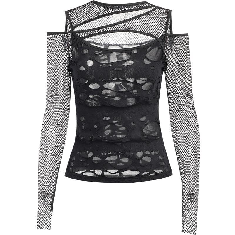 Long sleeve fishnet hollow out irregular see through cut out top