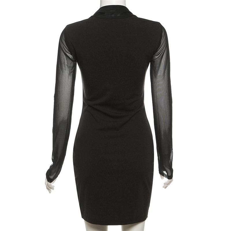 Long sleeve halter mesh patchwork solid mini dress