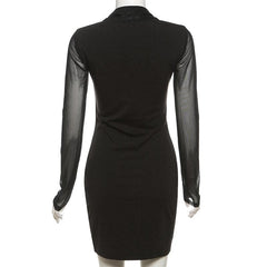 Long sleeve halter mesh patchwork solid mini dress