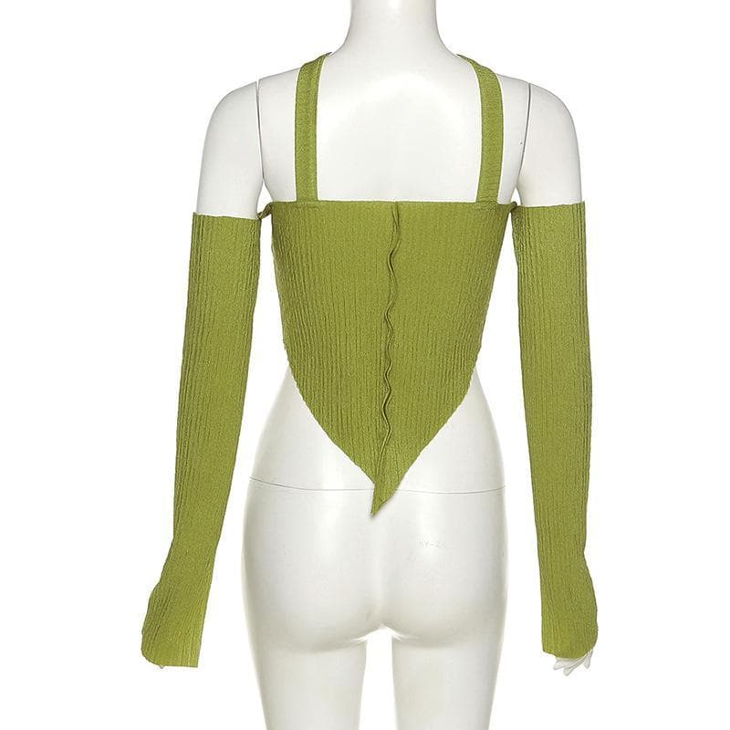 Long sleeve off shoulder patchwork halter top