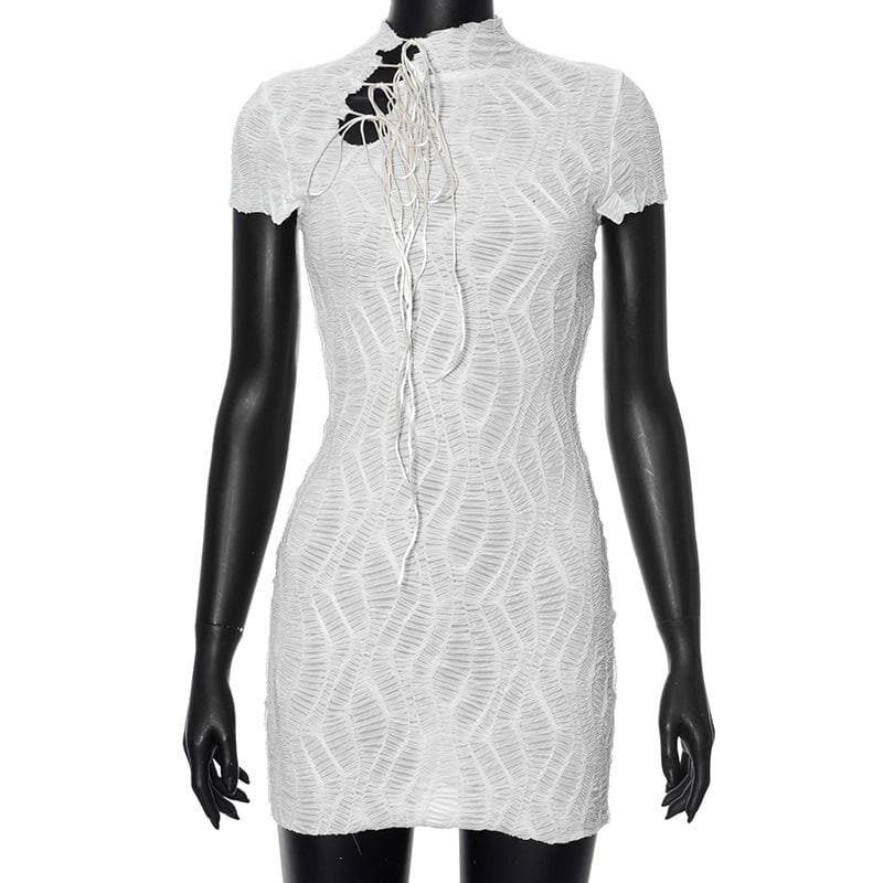 High neck short sleeve self tie mini dress