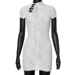 High neck short sleeve self tie mini dress