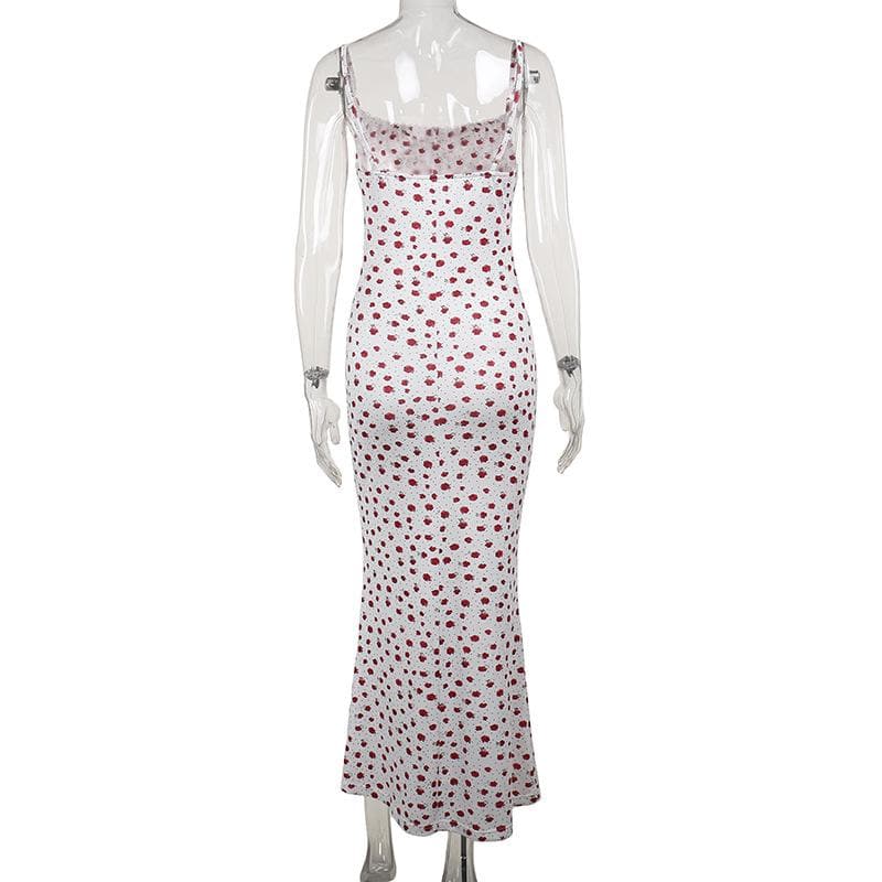 Bowknot ribbon stitch flower print polka dot cami maxi dress