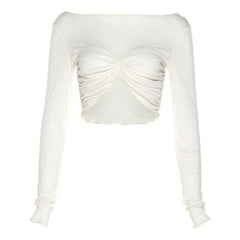 Long sleeve solid ruched crewneck ruffle crop top