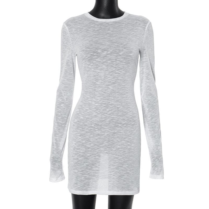 Long sleeve crewneck see through textured mini dress