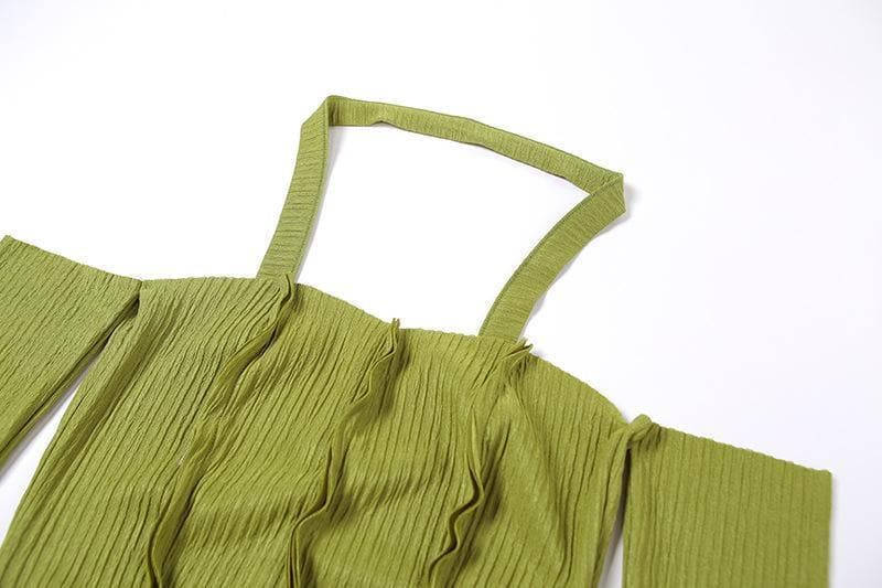 Long sleeve off shoulder patchwork halter top