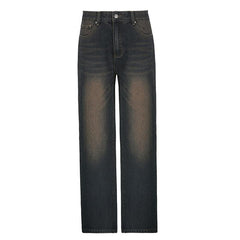 Gradient button straight leg high rise jeans