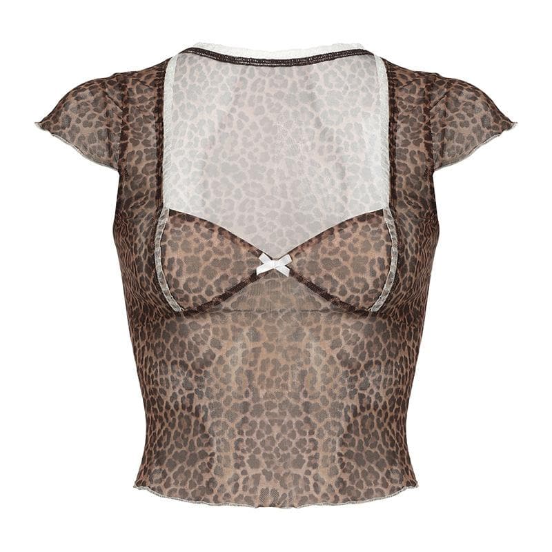 Leopard print short sleeve bowknot mesh top