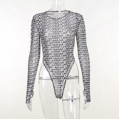 Long sleeve round neck contrast print sheer mesh gloves bodysuit