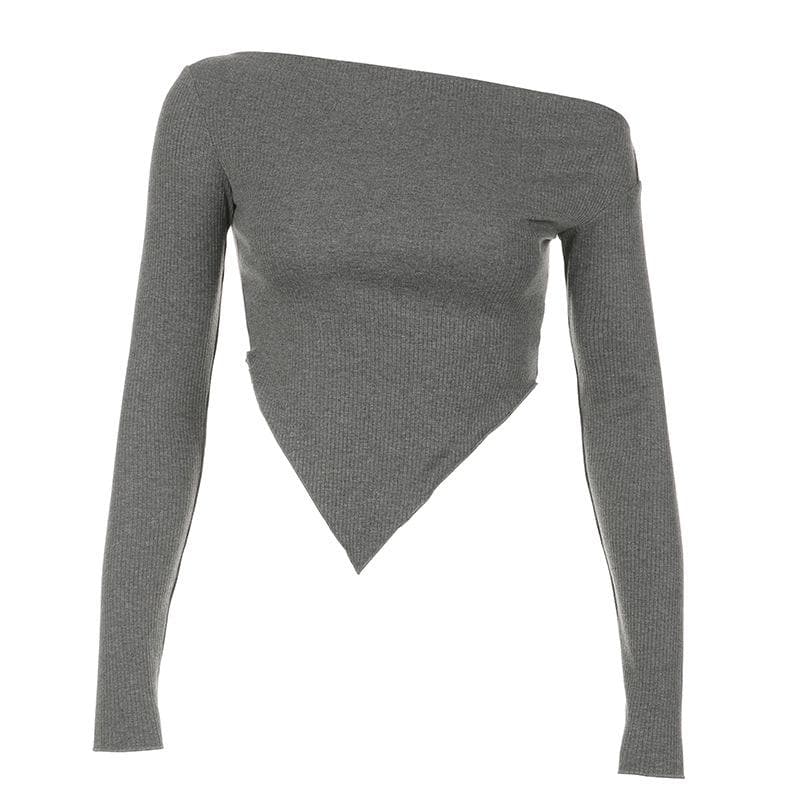 Long sleeve irregular slit off shoulder solid top