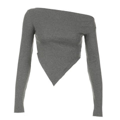 Long sleeve irregular slit off shoulder solid top