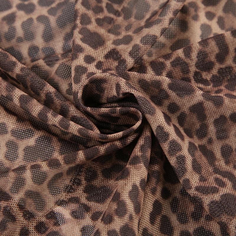 Leopard print short sleeve bowknot mesh top
