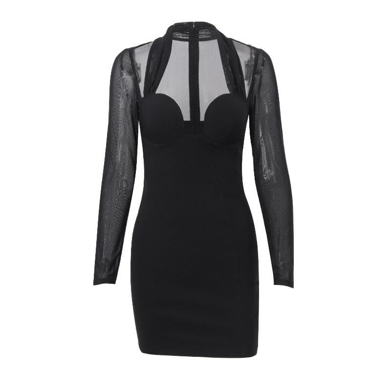 Long sleeve halter mesh zip-up mini dress