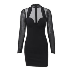 Long sleeve halter mesh zip-up mini dress