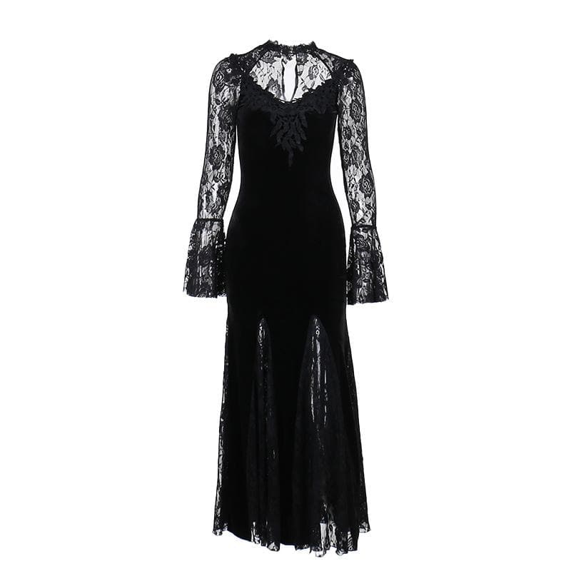 Long flared sleeve crewneck lace embroidery ruffle maxi dress