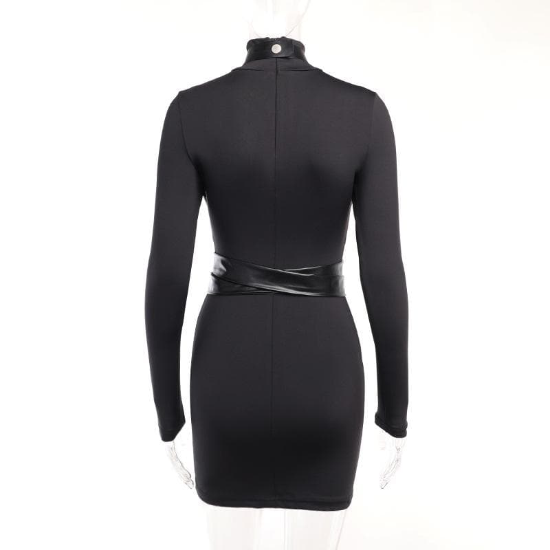 Long sleeve high neck cross front button zip-up mini dress