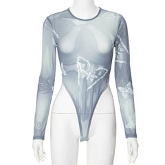 Long sleeve sheer mesh butterfly print bodysuit