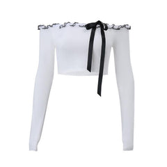 Long sleeve off shoulder bowknot ruffle self tie solid crop top