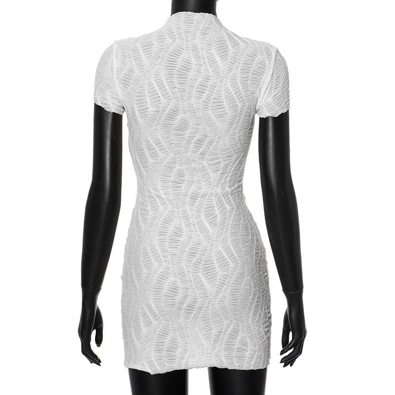 High neck short sleeve self tie mini dress