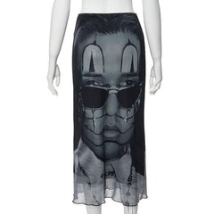 Abstract contrast print low rise mesh ruffle midi skirt