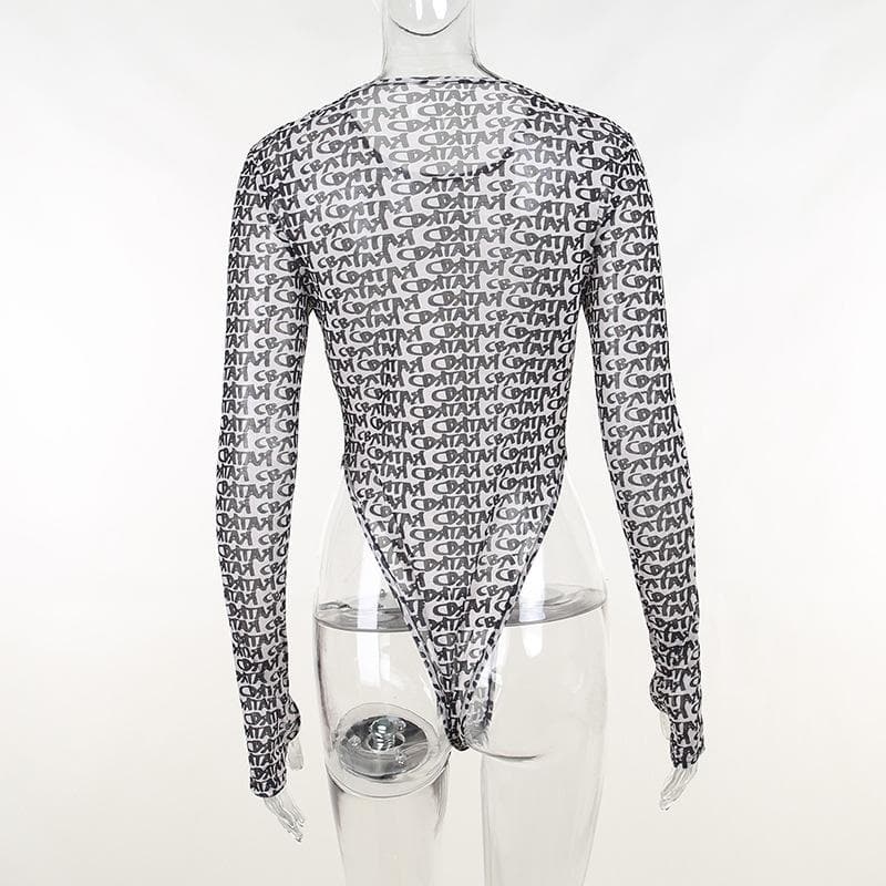 Long sleeve round neck contrast print sheer mesh gloves bodysuit