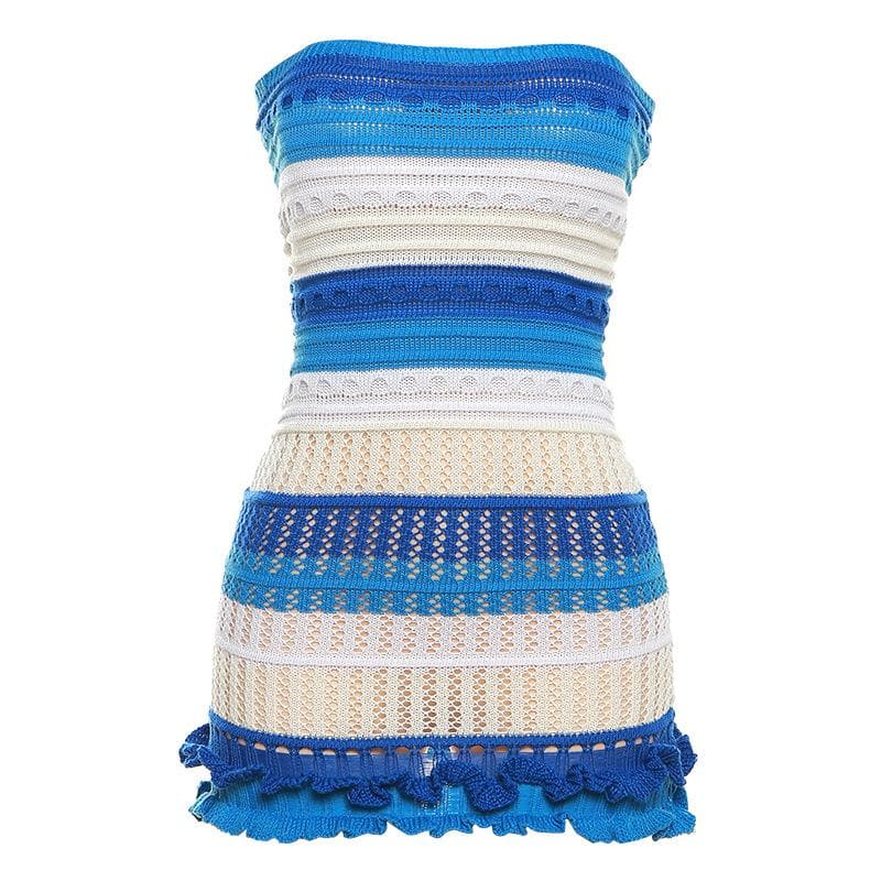 Backless ruffle contrast striped crochet tube dress