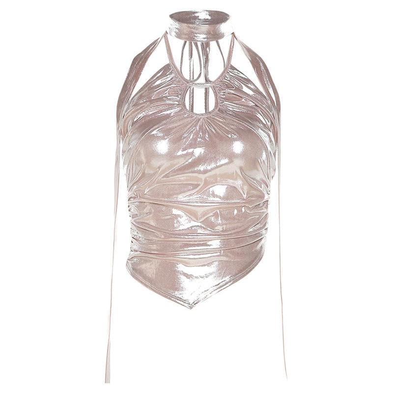 Metallic halter backless hollow out irregular ruched crop cut out top
