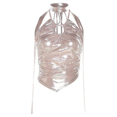 Metallic halter backless hollow out irregular ruched crop cut out top