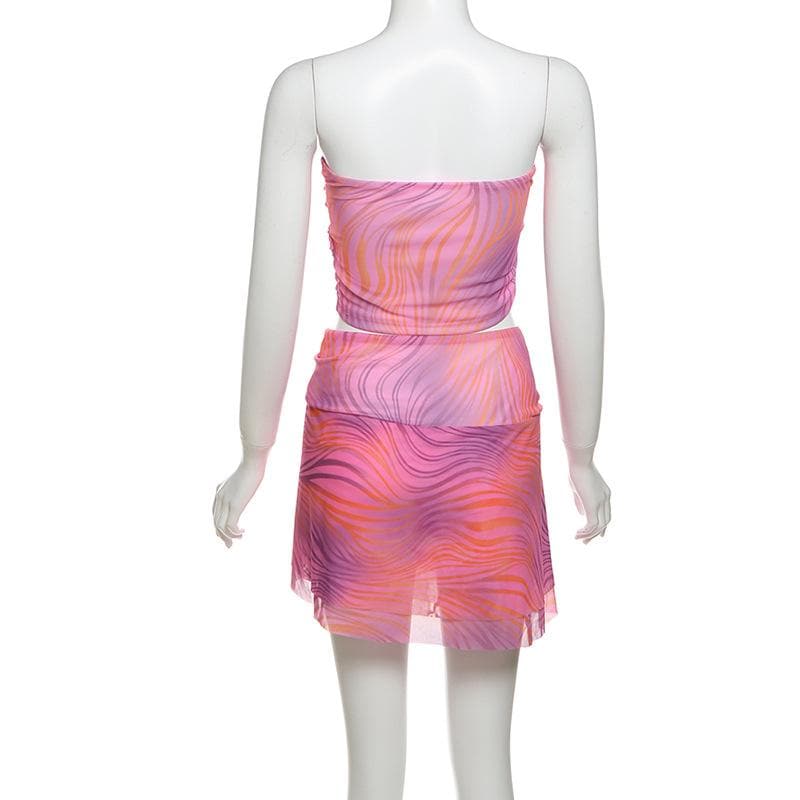 Backless tie dye ruffle tube mini skirt set