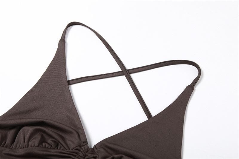 Long sleeves V neck halter ruched solid 2 piece top