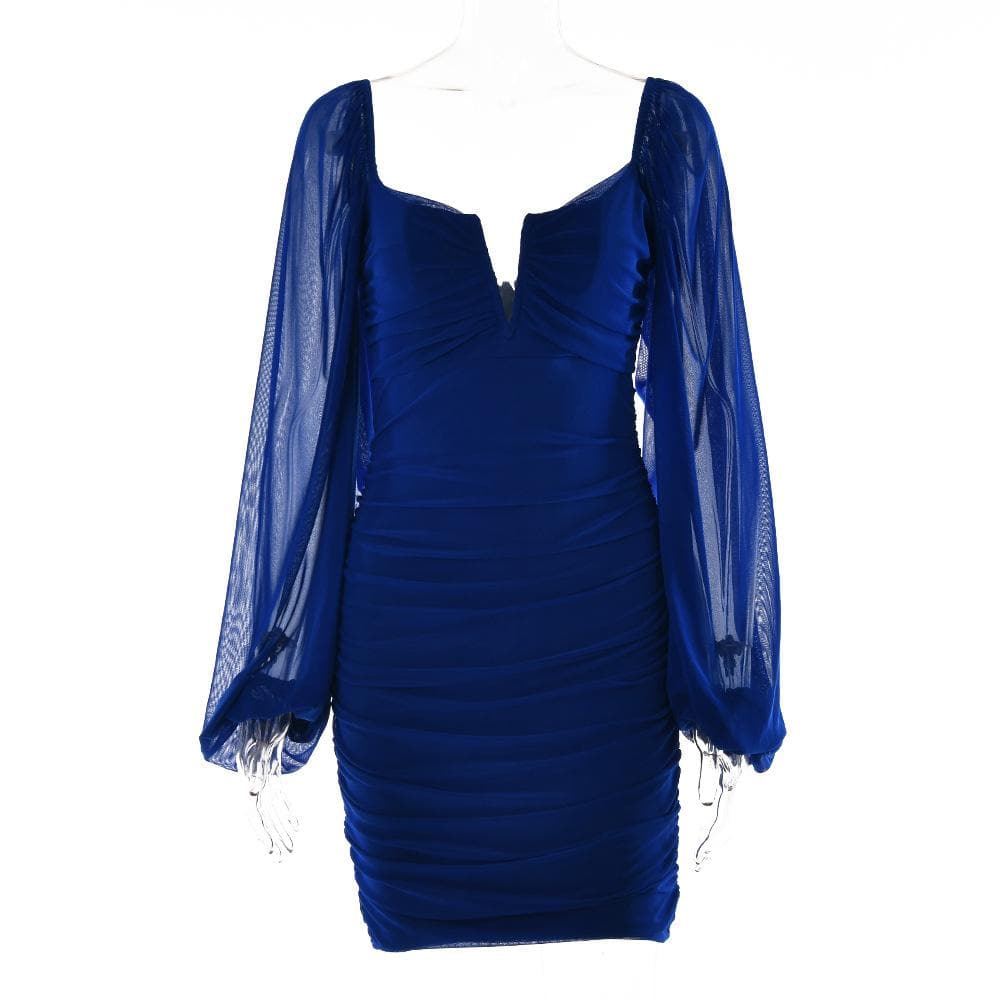Mesh solid long sleeve ruched notch neck zip-up mini dress