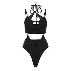 Halter cross front o ring hollow out bodysuit