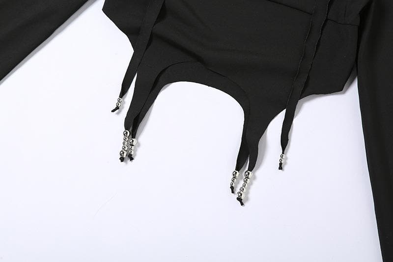 Long sleeve solid cross front beaded self tie backless crop top