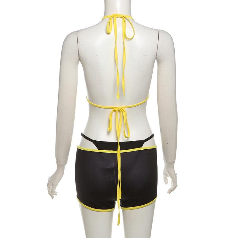 Halter v neck self tie contrast 3 piece pant set