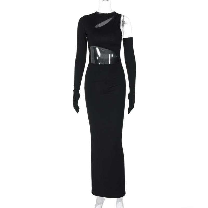 Long sleeve gloves irregular hollow out crewneck cut out maxi dress