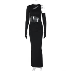 Long sleeve gloves irregular hollow out crewneck cut out maxi dress