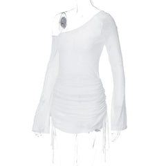 Long sleeve one shoulder drawstring ruched mini dress
