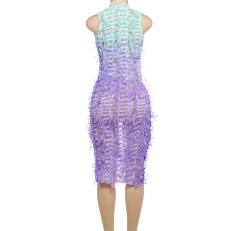 Gradient tassels hollow out see through crewneck cut out midi dress