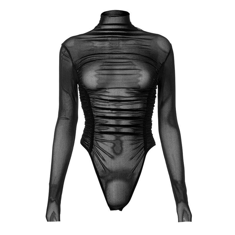 High neck see through long sleeve sheer mesh bodysuit