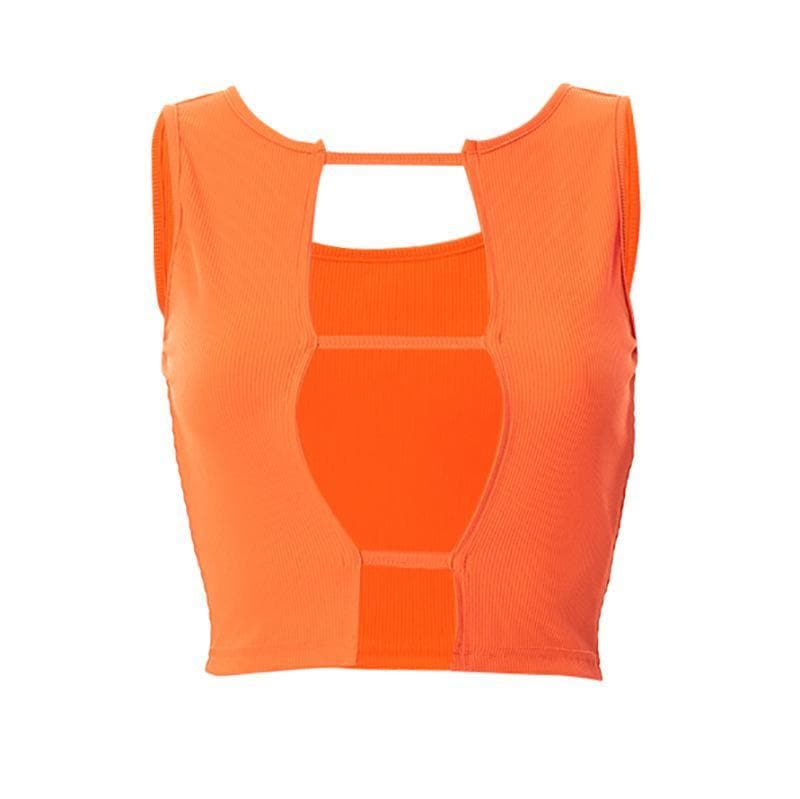 Hollow out sleeveless ribbed solid crop cut out top