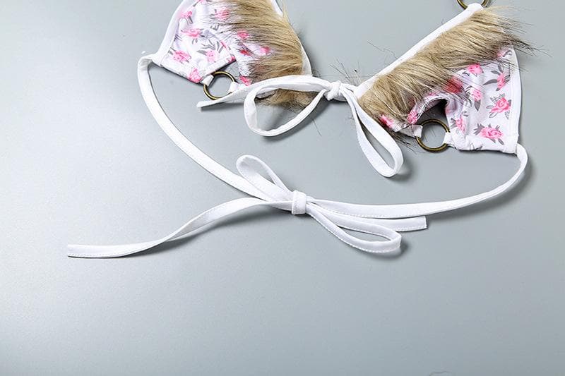 Halter o ring flower print fluffy self tie pant set