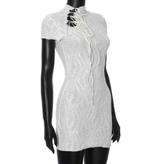 High neck short sleeve self tie mini dress