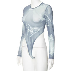 Long sleeve sheer mesh butterfly print bodysuit