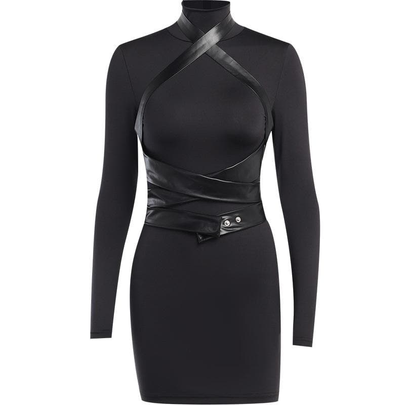 Long sleeve high neck cross front button zip-up mini dress