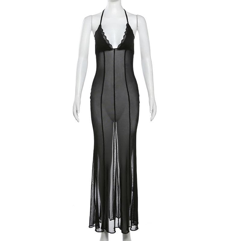 Halter v neck lace hem mesh see through stitch maxi dress- Final Sale