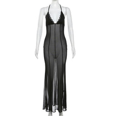 Halter v neck lace hem mesh see through stitch maxi dress- Final Sale