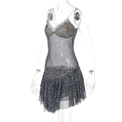 Leopard print lace hem mesh v neck cami mini dress