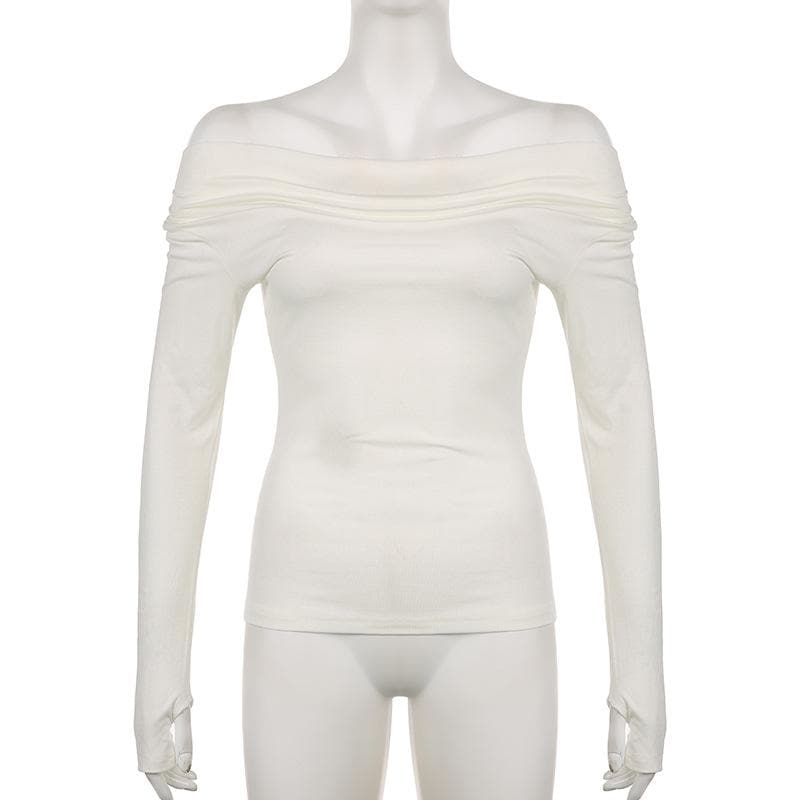 Long sleeve off shoulder ruched solid gloves top
