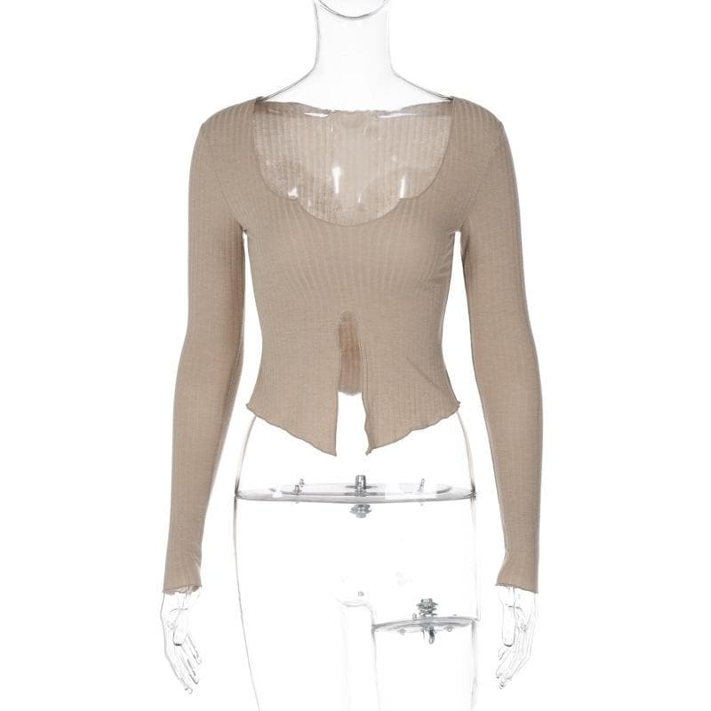 Long sleeve notch neck ruffle solid slit crop top